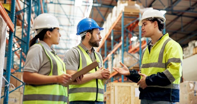 Logistics, discussion or people in storage warehouse for shipping planning, transport or distribution. Supply chain, teamwork or group talking for export schedule, freight delivery or cargo shipment
