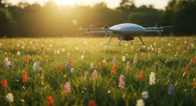 Unmanned aerial vehicle performs work over a blooming meadow bathed in sunlight - Powered by Adobe