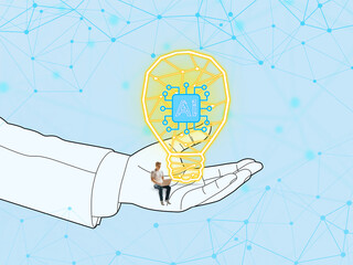Empowering AI Innovation Through Human Insight, Hand supports laptop user under glowing AI chip lightbulb