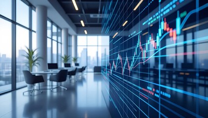 Modern office with futuristic digital financial data screen and cityscape view