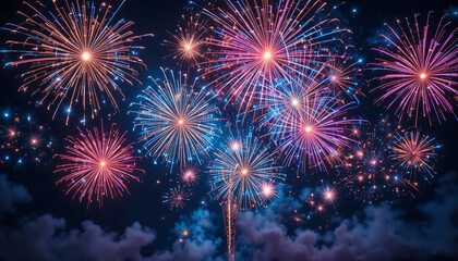 Fototapeta premium Colorful Fireworks Explosion in Night Sky Celebration