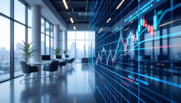 Modern office with futuristic digital financial data screen and cityscape view