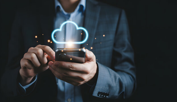 Cloud Computing Connection: A person wearing a formal suit, is holding a smartphone with an illuminated cloud symbol. This image captures the essence of technology and connectivity. - Powered by Adobe