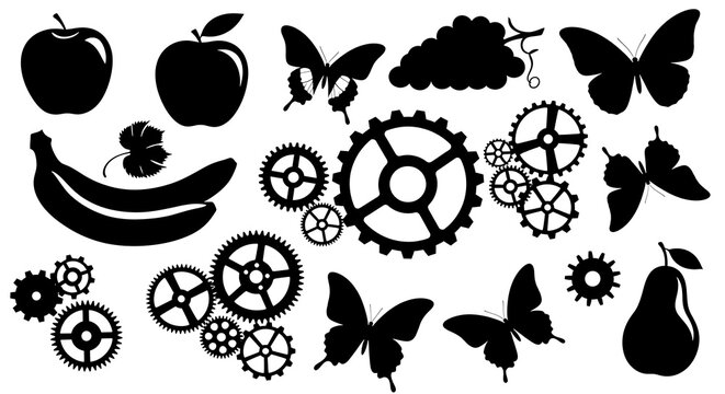 Silhouette Collection - Apples, Bananas, Butterflies, Grapes, Gears, and Pears.