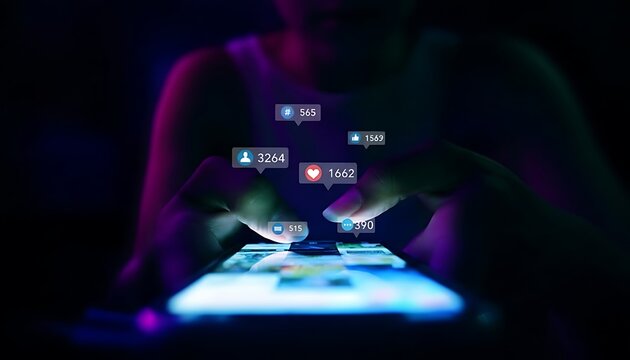 Young person using smartphone with glowing social media notifications in dark room