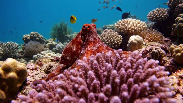 Wide shot of a magnificent octopus interacting with its pristine, biodiverse marine habitat, showcasing the rich ecosystem of a healthy coral reef with colorful fish swimming by in the background.