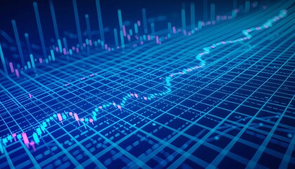 Abstract business background showing economic data trends, 3D grid pattern, and dynamic financial market movement