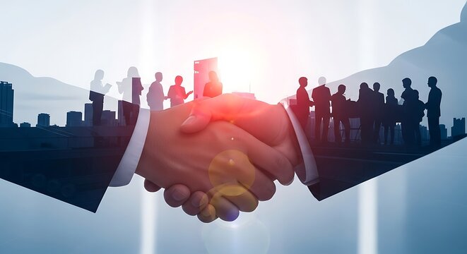 Businessmen shaking hands with a city skyline and people in the background