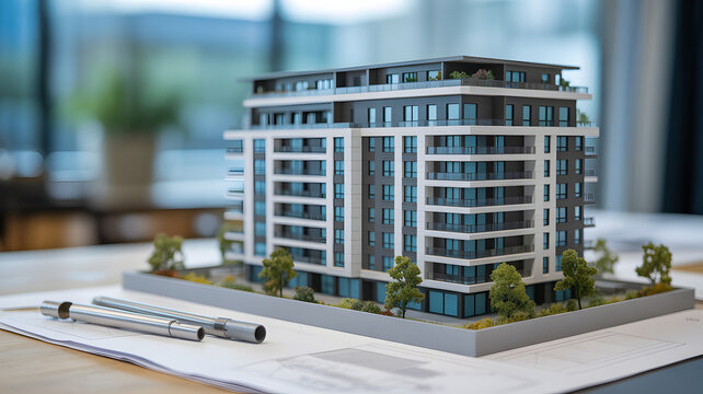 Architectural Vision: An intricately detailed model of a modern apartment building sits proudly on a worktable, showcasing the elegance of design. Capturing the essence of architectural planning. - Powered by Adobe