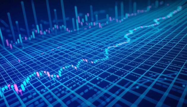 Abstract business background showing economic data trends, 3D grid pattern, and dynamic financial market movement