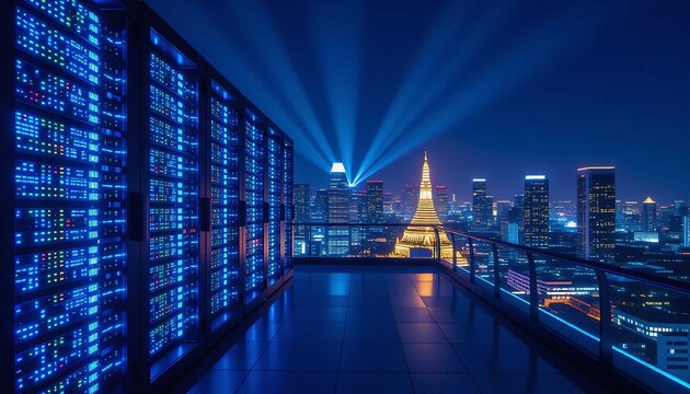 The vivid skyline and metropolis backdrop contrasts with the glowing dark data storage facility, representing cyber security and the speed of modern internet connection