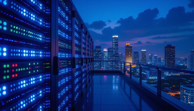 A stunning, futuristic view of a high-tech datacenter on a rooftop at night, where rows of server rack systems glow with brilliant blue LED light