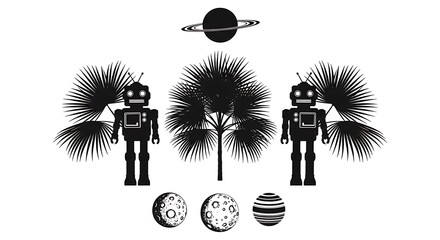 Robots and Palm Trees in Space Minimalist Black and White Illustration.