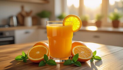 Fototapeta premium Healthy citrus drink on wooden kitchen table; natural light glows