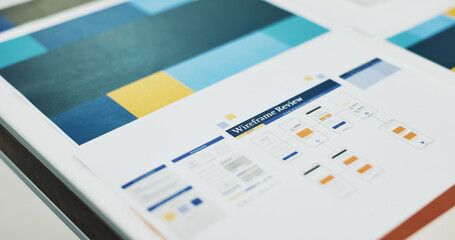 Documents, wireframe chart and review in empty office, startup and ux design with icon at company. Paperwork, graph and connection with flowchart, mobile app ui and development for user experience