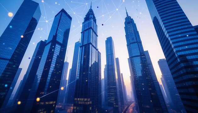 Future technology cityscape network connection amongst modern skyscrapers for global business and finance communication - Powered by Adobe