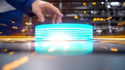 Activation: A Futuristic Digital Interface: A hand is poised over an illuminated button, representing cutting-edge technology and seamless interaction. The scene symbolizes innovation, progress.