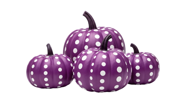 Stylish Halloween decor featuring a collection of purple pumpkins with white polka dots, perfect for seasonal celebrations and autumn festivities, a unique twist on traditional fall themes