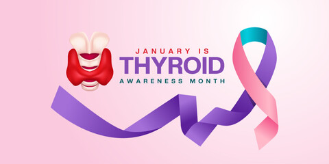 January is National Thyroid Awareness Month. Thyroid and ribbon. Suitable for posters, banners and social media. Pink background.
