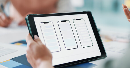 Hands, meeting and ux design on tablet screen, phone or software update, web and digital development. Business, UI template and person with tech for presentation, wireframe and mobile app prototype