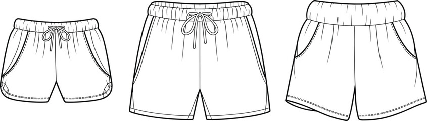 Drawstring shorts design, elastic waistband, fashion flat sketch, pocket detail, garment template, apparel outline, cad drawing flat vector illustration