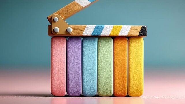 Colorful clapperboard abstract with multi colored film reels