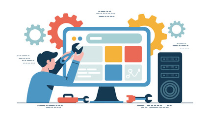 A person performing maintenance or development on a computer system with tools and gears.