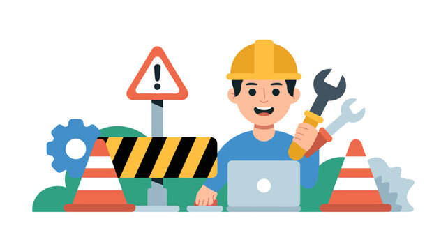 Male engineer or technician working on a laptop with tools and construction elements, symbolizing maintenance or development.