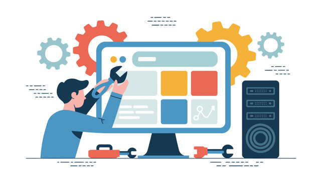 A person performing maintenance or development on a computer system with tools and gears.