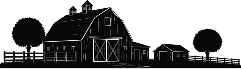Silhouette of rural barn farm with trees and fence, traditional countryside architecture, agriculture landscape, cad drawing flat vector illustration