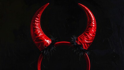 Close-up of devil horns with black fur accents and headband against a dark background, evoking a spooky vibe