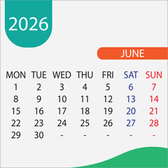 Vector illustration of a calendar for June 2026