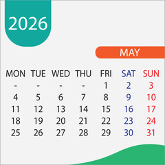 Vector illustration of a calendar for May 2026