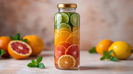Vibrant citrus fruit infused water in a clear glass bottle with fresh mint, offering a refreshing, healthy, and delicious beverage for any occasion.