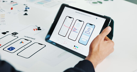 Person, hands and tablet screen with wireframes for software development, UI design or planning. Closeup, designer or technology display with digital blueprint for mobile UX, app function or layout