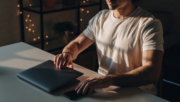 Man closing laptop at desk in evening light, remote work end of day