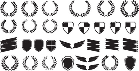 Vector black badge and emblem kit set with laurel wreaths, shields, wings, and banners isolated.