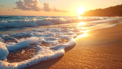 Golden hour illuminates a tranquil beach scene, waves gently lapping onto the sandy shore as the sun dips below a distant forested hill