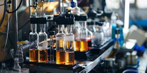 Laboratory Chemical Process with Glassware and Colorful Liquids