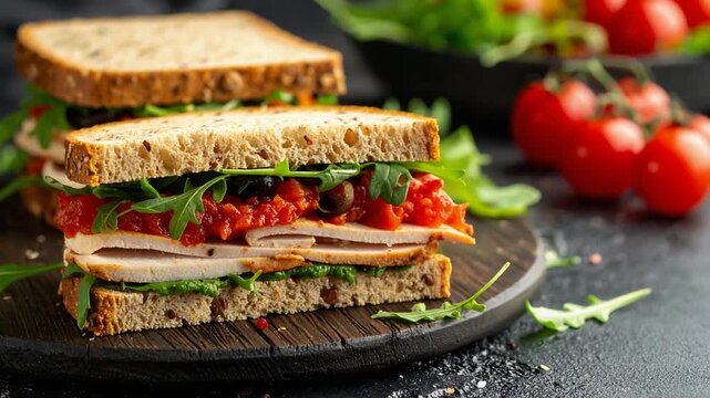 フレッシュな野菜とチキンが詰まった多層のサンドイッチを楽しむ爽やかな朝食