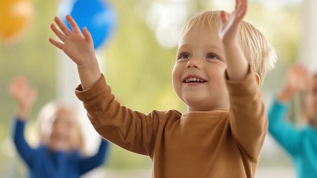 Joyful Child's Play: A bright-eyed child reaches for the sky, filled with unrestrained happiness, surrounded by cheerful companions and colorful balloons.