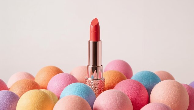 Stunning coral lipstick poised above a vibrant array of pastel bath bombs, perfect for beauty product advertising and self care promotions.