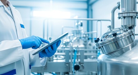 Scientist using a tablet in a modern pharmaceutical lab, ensuring quality control and precision in research for innovative medicine development