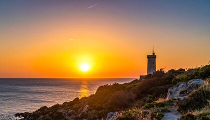 Coastal scene during a vibrant sunset. A stone lighthouse sits atop a cliff. Ocean waves reflect the light. A trail leads to the building