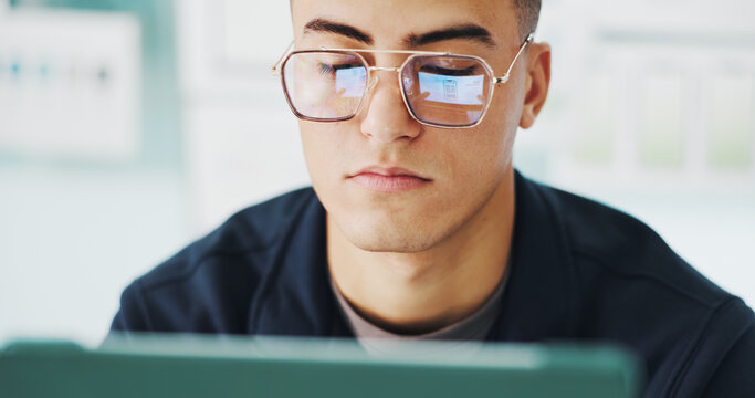 Glasses, man and tablet with reading in office for app development, UI wireframe and design layout. Web designer, tech and screen reflection with digital blueprint for UX mapping and mobile software