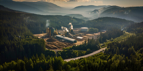 Aerial View of Industrial Plant in Forested Mountain Landscape
