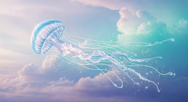 A translucent jellyfish floats gracefully through a dreamlike sky with soft clouds and ethereal light