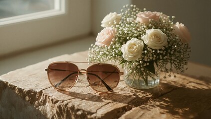 Elegant rose bouquet and stylish aviator sunglasses bathed in warm golden sunlight on a rustic wooden surface, evoking luxury and serene moments