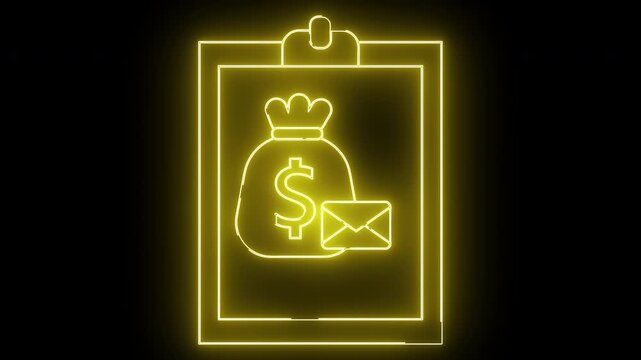 Yellow neon outline of clipboard moneybag and envelope symbols