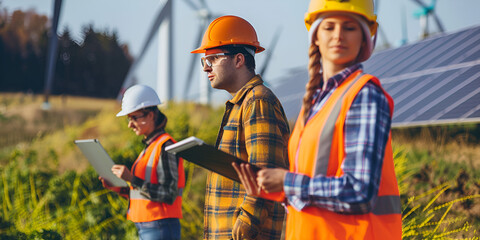 Renewable Energy Engineers Working at Solar and Wind Farm"